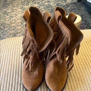 Coconuts Heeled Tan Fringe Ankle Booties